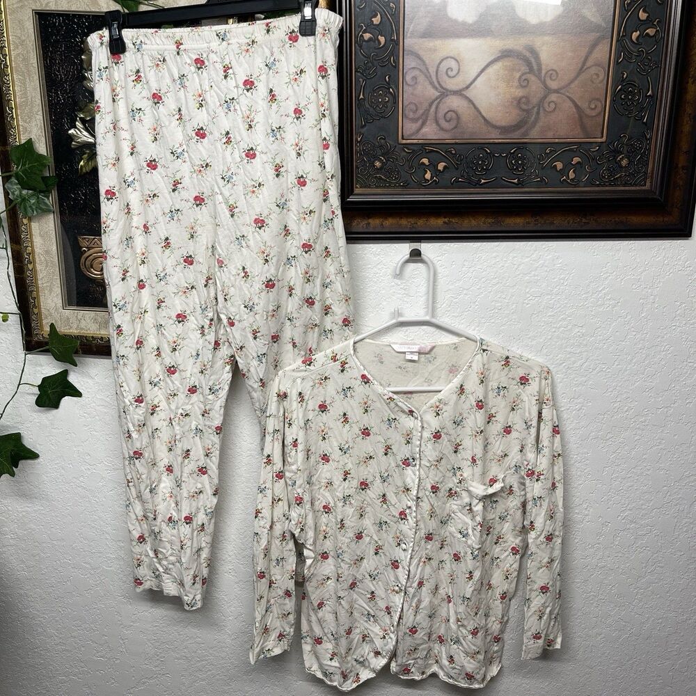 Victoria’s Secret Women’s M White Floral Rose Print Cotton 2 Piece Pajama Set